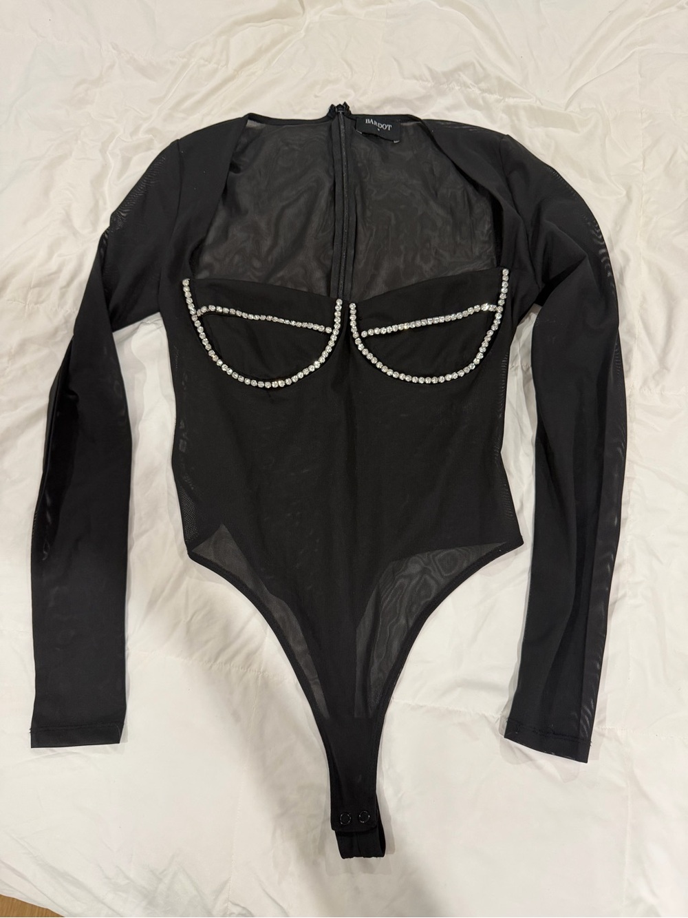 BARDOT Black Crystal Rhinestone Mesh Long Sleeve Bodysuit – Size M / US 6